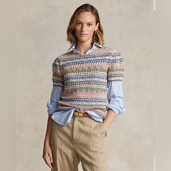 Ralph Lauren Crocheted Knit Sweater Top Crewneck Tee Pastel Vintage Striped S - Picture 2 of 14